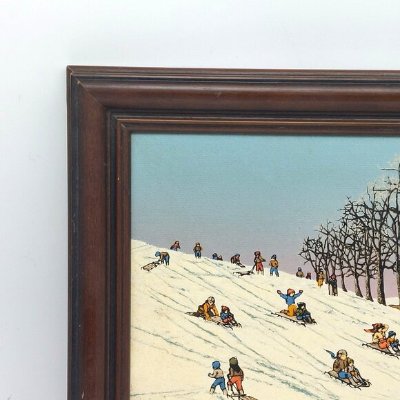 Vintage H. Hargrove Winter Scene Print – Sledding Children – Rustic Wood Frame 1 - Picture 5 of 6